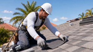 Contratista hispano de roofing trabajando en la cubierta de una vivienda en Florida.