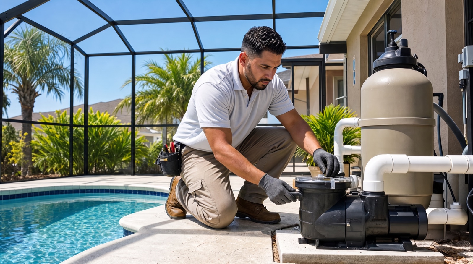 Contratista hispano de piscinas revisando el equipo de una piscina residencial en Florida.