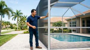 Contratista hispano midiendo la estructura de aluminio de un cerramiento de piscina en Florida.