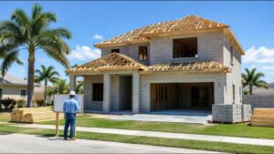 Contratista con casco blanco frente a una casa de dos plantas en construcción en un barrio soleado de Florida.