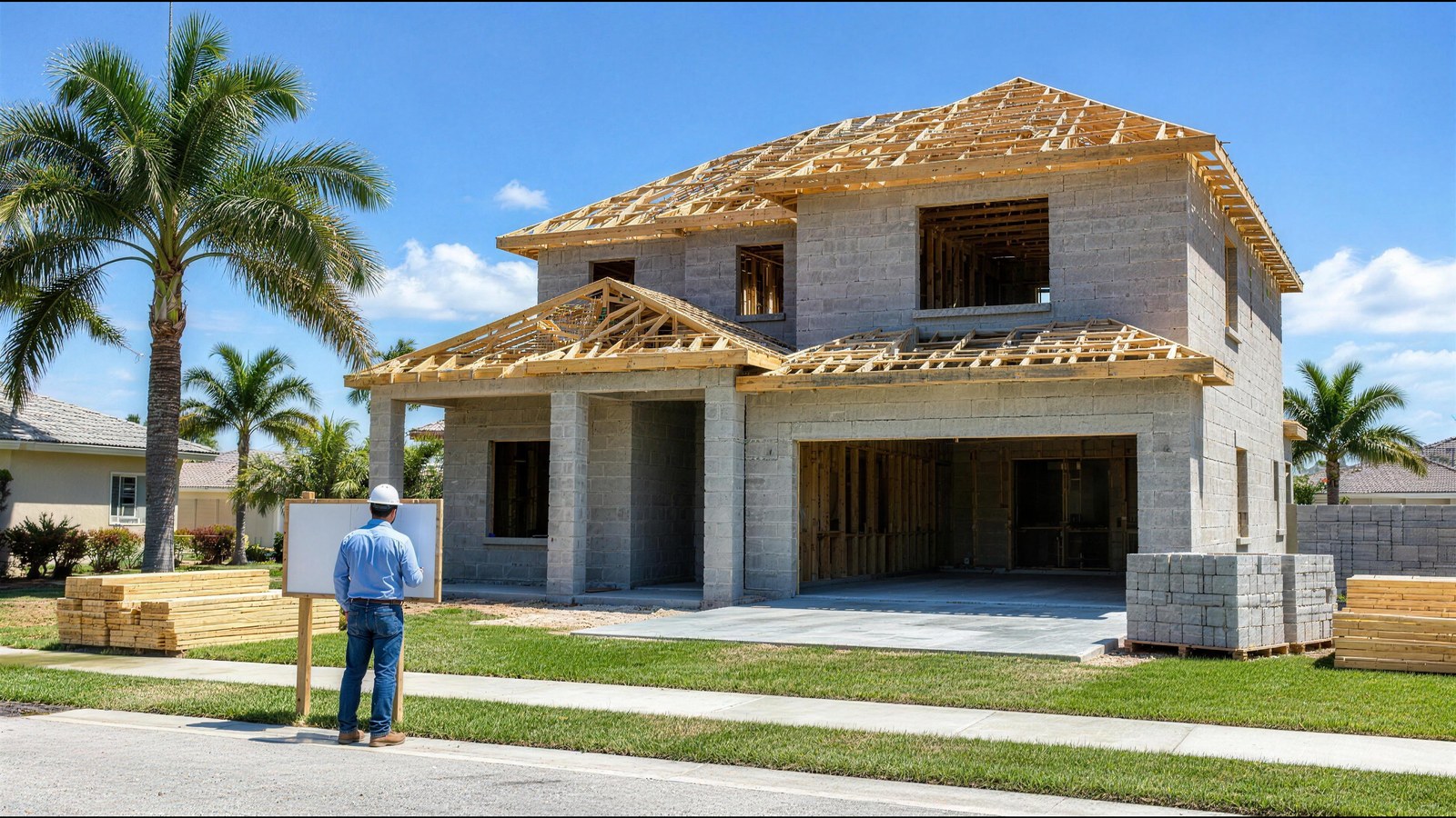 Contratista con casco blanco frente a una casa de dos plantas en construcción en un barrio soleado de Florida.